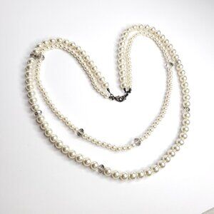Long Faux Pearl Double Strand Necklace White Gray Faceted Glass Beaded 32"